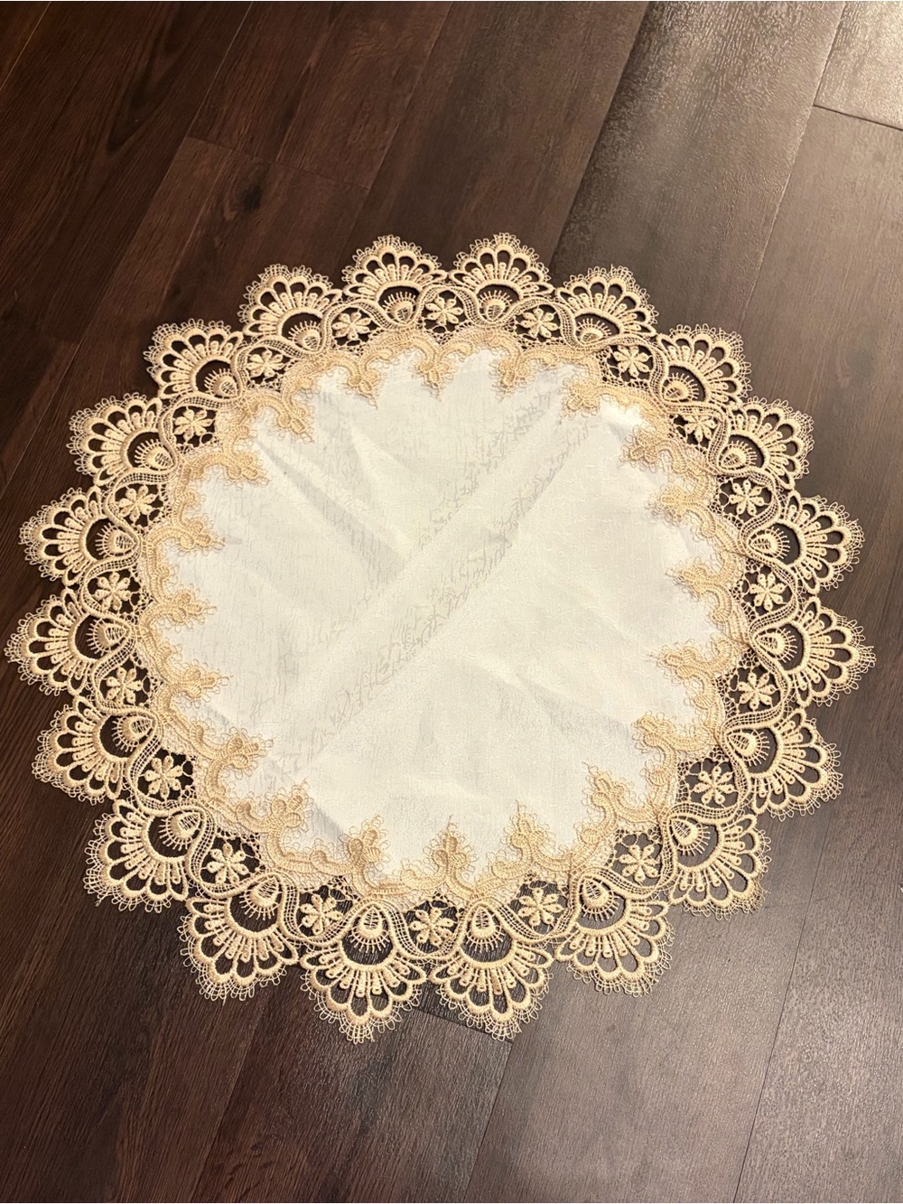 Elegant Cream Lace Round Table Mat with Gold Embroidery